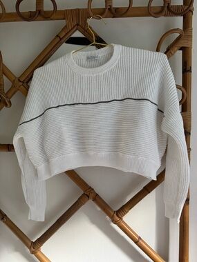 Brunello Cucinelli White Cropped Sweater with chain stripe detail